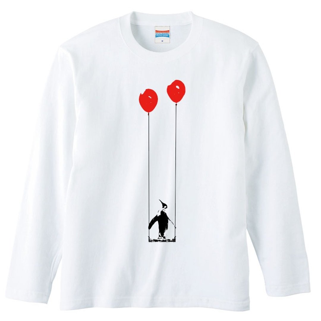Long-sleeved T-shirt / Penguins, balloons and swings - 男装上衣/T 恤 - 棉 白色