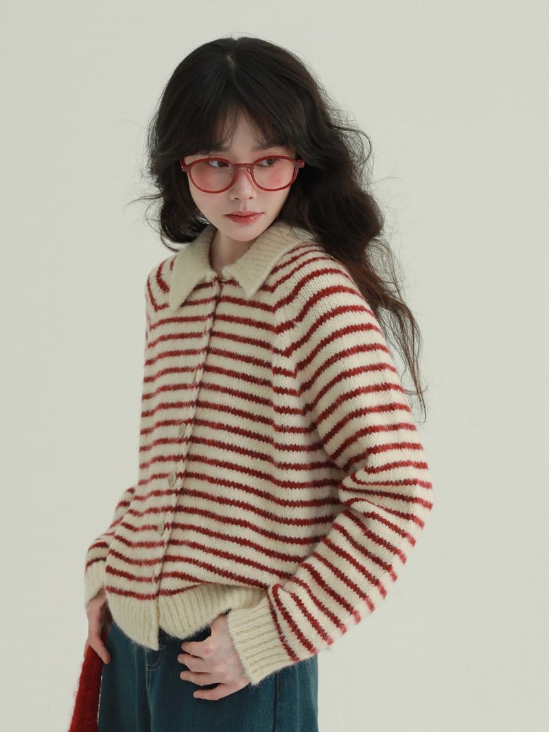 紅色 草莓千層 條紋翻領毛衣 甜美風軟糯秋冬針織開衫上衣 - 女装针织衫/毛衣 - 其他人造纤维 红色