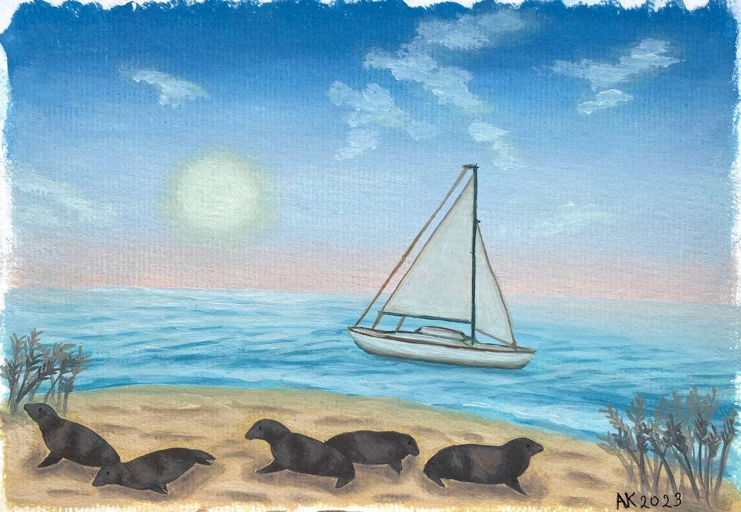 海豹海滩油画，海洋插画，家居室内，动物，游艇，海洋 - 墙贴/壁贴 - 其他材质 蓝色