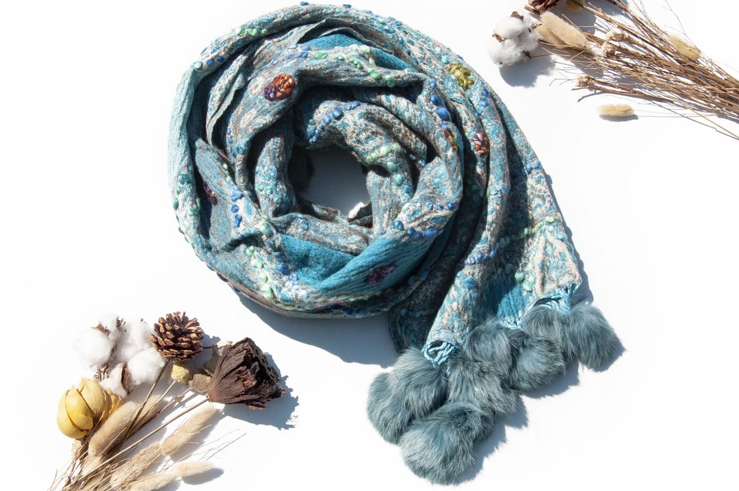 喀什米尔Cashmere/水煮羊毛披肩/针织围巾/刺绣围巾/羊绒披巾-花 - 围巾/披肩 - 羊毛 多色