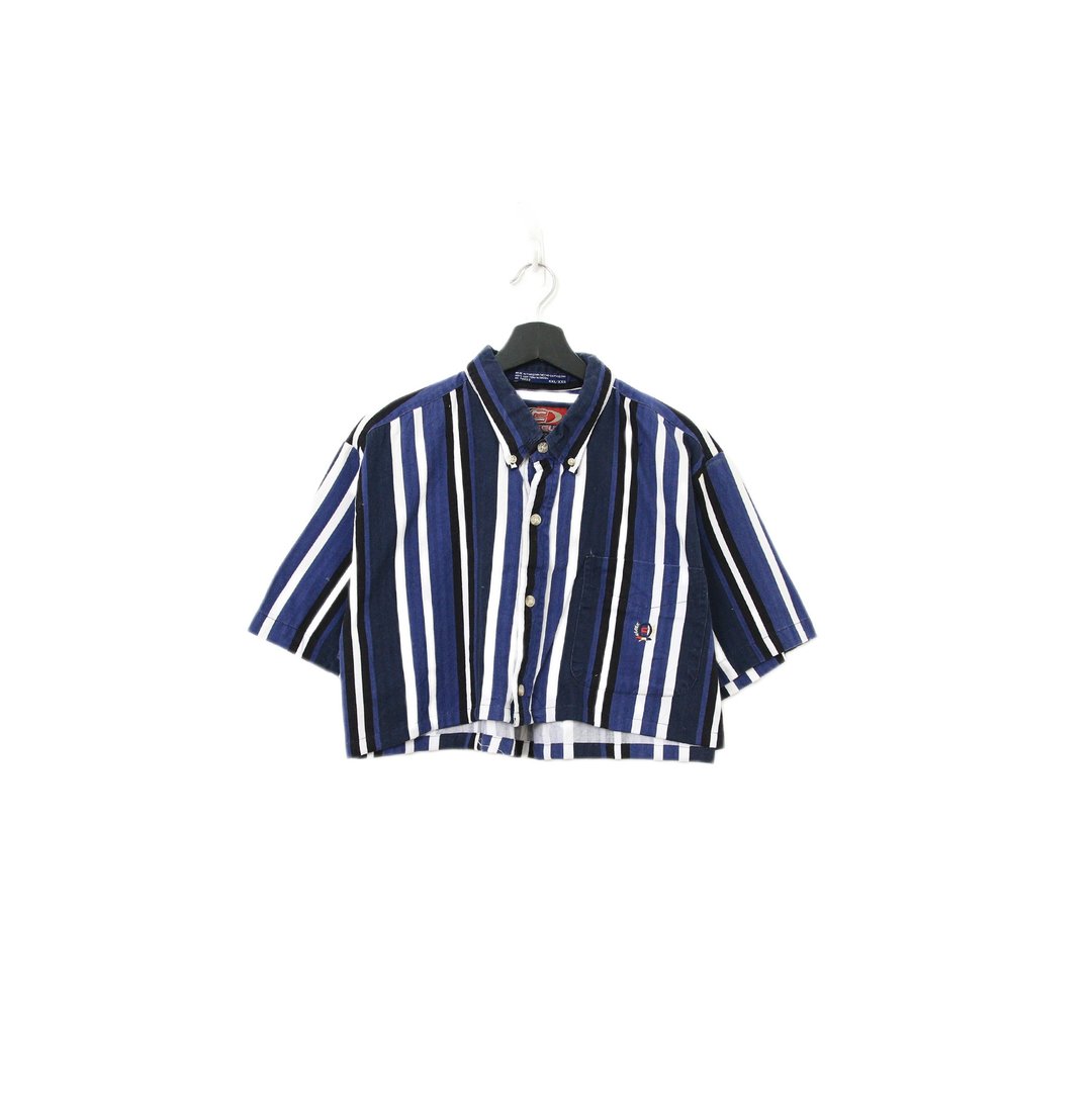 Back to Green-再制条纹短板衬衫 深蓝白ds-16//vintage shirt - 女装衬衫 - 棉 