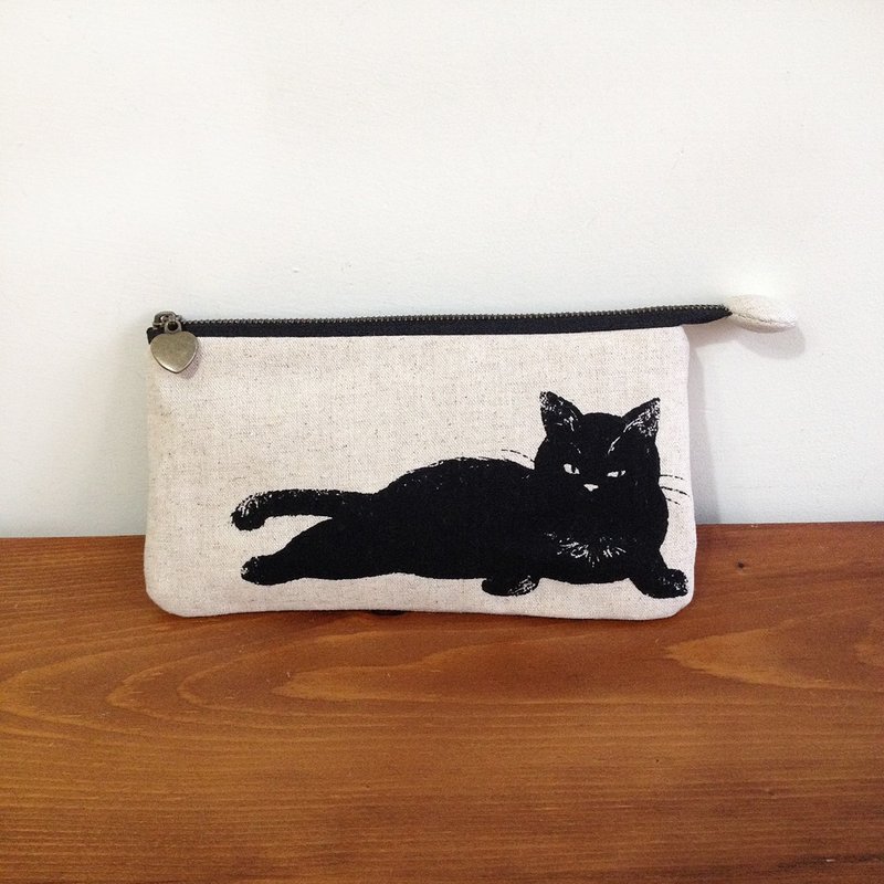 黑猫 笔带 拉链 钱包 - 零钱包 - 棉．麻 金色