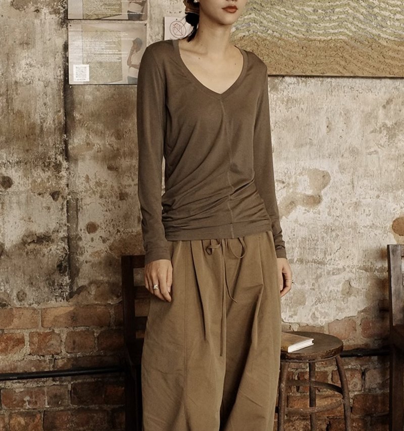 法式复古 莱赛尔V领长袖T恤 套头针织上衣 - 女装上衣 - 其他材质 多色