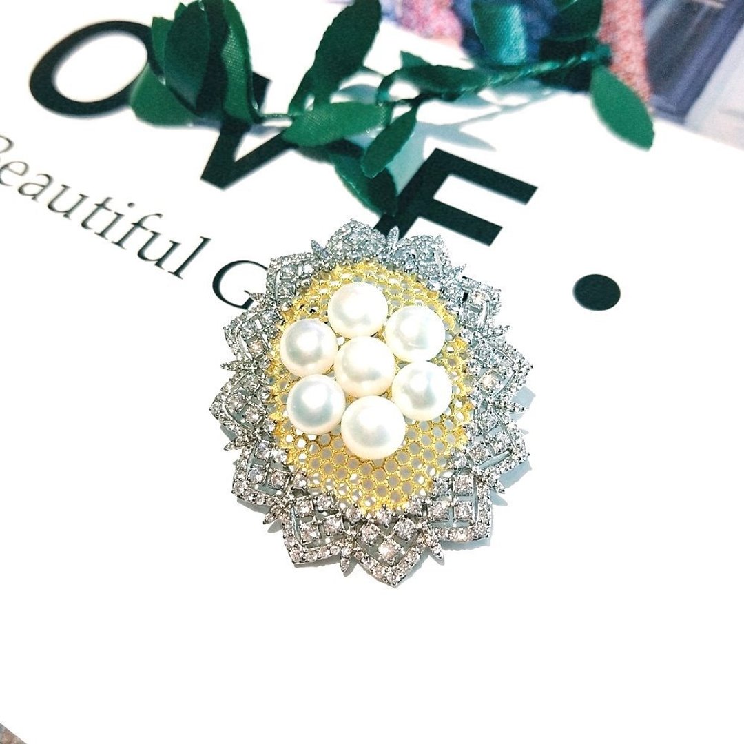 I JEWELRY 欧美高贵气质格纹顶级锆石珍珠纯银别针蕾丝胸针保证卡 - 胸针 - 纯银 银色
