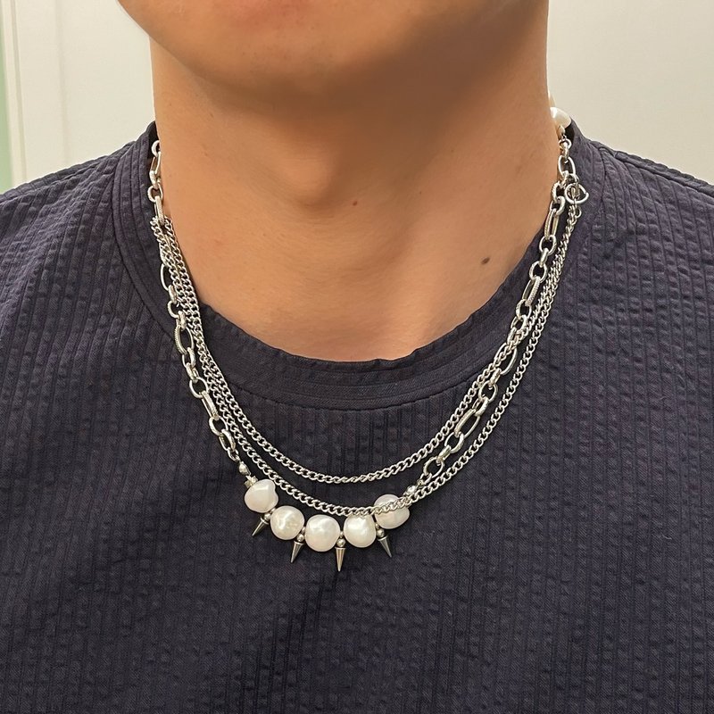 巴洛克大石珍珠尖锥钛钢项链 双层叠戴 天然淡水珍珠 男潮 - 项链 - 珍珠 