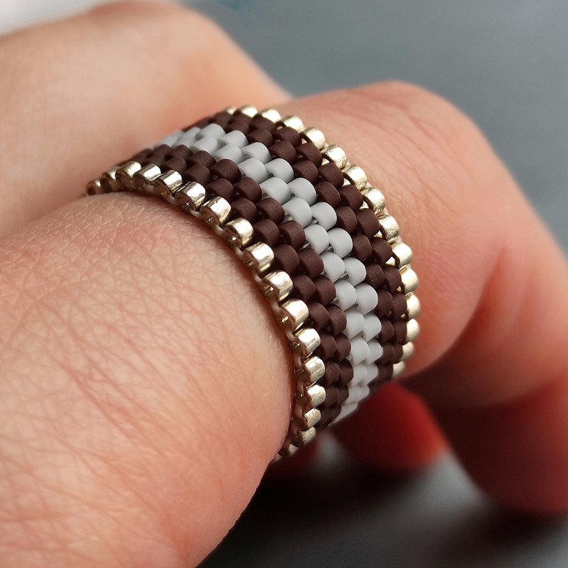 银戒指|棕手工戒指|灰色首饰|几何戒指|宽的 - 戒指 - 玻璃 银色