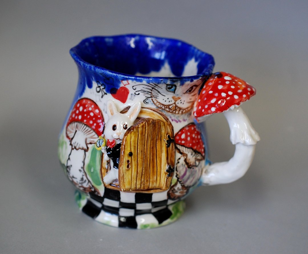 Wonderland mug Rabbit figurine Cheshire Cat Drink Me Mushroom figurine Art mug - 咖啡杯/马克杯 - 瓷 多色
