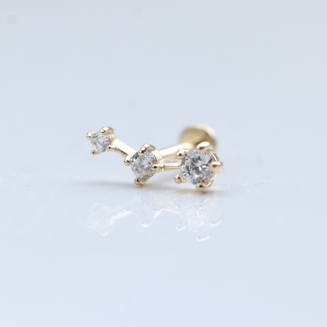 14K 三横钻锁珠耳环 (前锁 平底 圆饼) (单个)耳骨 耳窝 不退色 - 耳环/耳夹 - 贵金属 金色