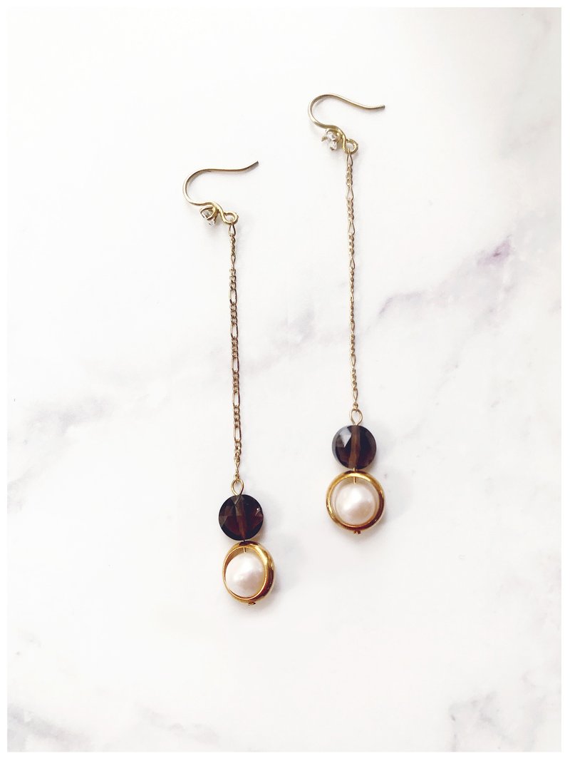 +茶晶·珍珠·垂坠式长耳环+ - 耳环/耳夹 - 宝石 黑色