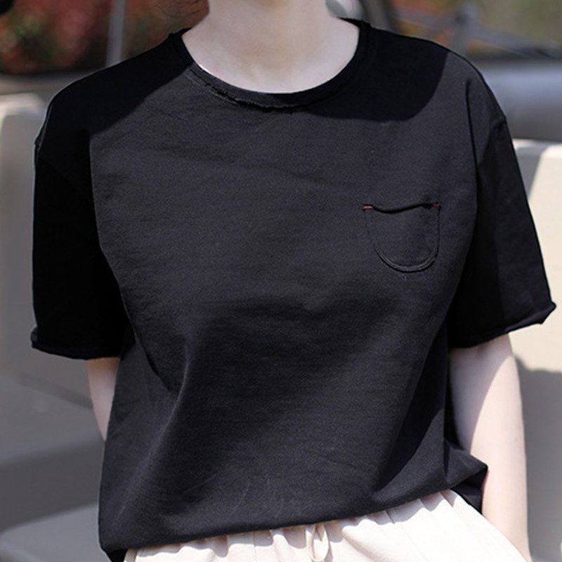 黑色干爽针织布圆领宽松套头T恤 - 女装 T 恤 - 棉．麻 