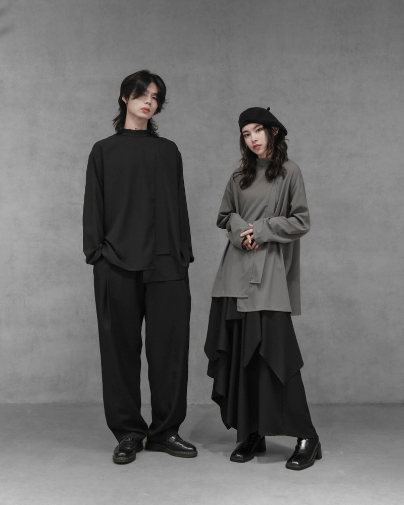 MUKK DESIGN 立领不对称裁片上衣-黑 - 男装衬衫 - 聚酯纤维 黑色