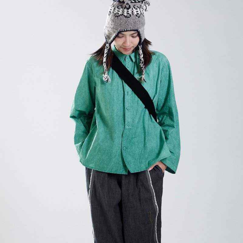 半弧衣襟领细褶衬衫 - 女装衬衫 - 棉．麻 绿色
