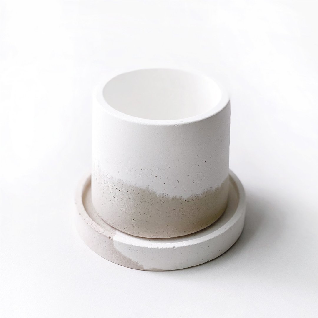(预购) 奶茶系列 | 圆形双色水泥盆器底盘两件组 - 花瓶/陶器 - 水泥 卡其色