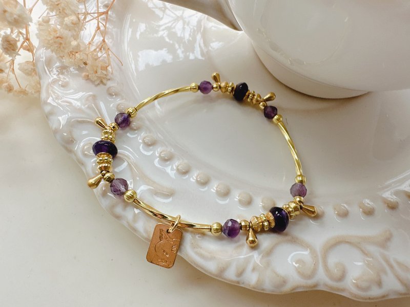 -二月诞生石-天然水晶黄铜手链 - 手链/手环 - 铜/黄铜 