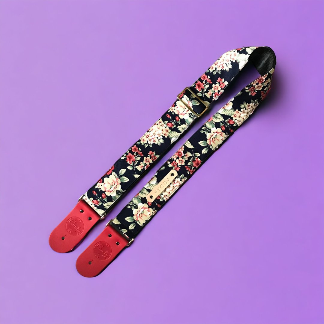 Navy Flora  Guitar Strap , Genuine Leather Guitar Strap - 其他 - 棉 
