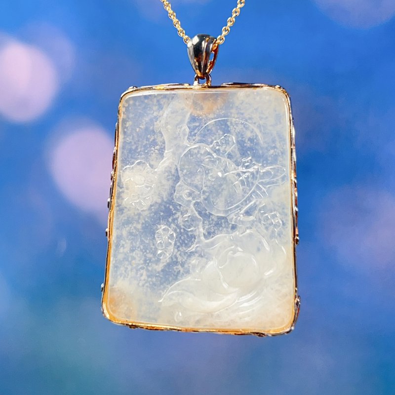 冰种飘雪花棉翡翠喜上眉梢项链925纯银 | 天然缅甸翡翠A货 | 送礼 - 项链 - 玉石 透明