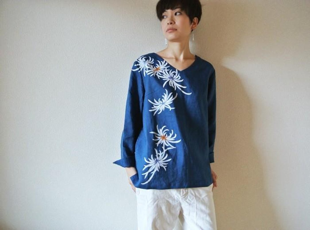 Linen long sleeve blouse blue Rangiku - 女装上衣 - 棉 蓝色