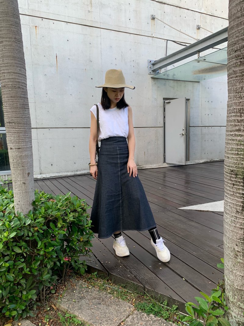 长腿高腰丹宁压线四片裙 - 裙子 - 棉．麻 蓝色