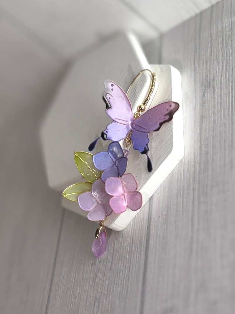 大凤蝶紫色绣球耳环 单只贩售 可改耳夹 - 耳环/耳夹 - 树脂 紫色