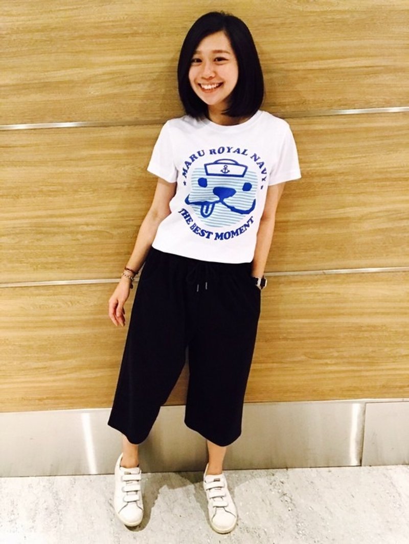 LAZYMARU-LM001512-MARU水手短袖T恤白色(男女款)-法斗 情侣装 潮流 休闲 文创 台湾 - 女装 T 恤 - 棉．麻 白色