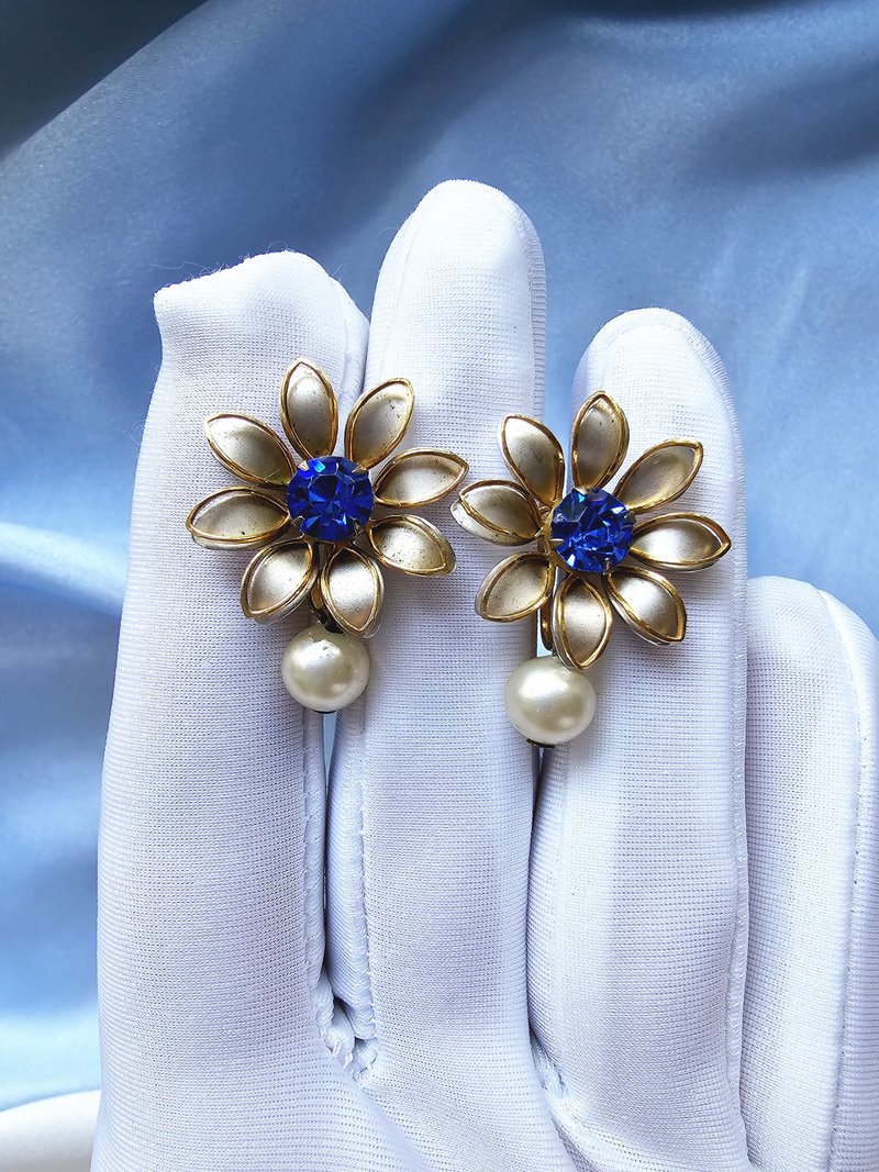 雾银金边花莱茵吊坠珍珠栓式耳环/vintage美国西洋古董饰品 - 耳环/耳夹 - 其他金属 