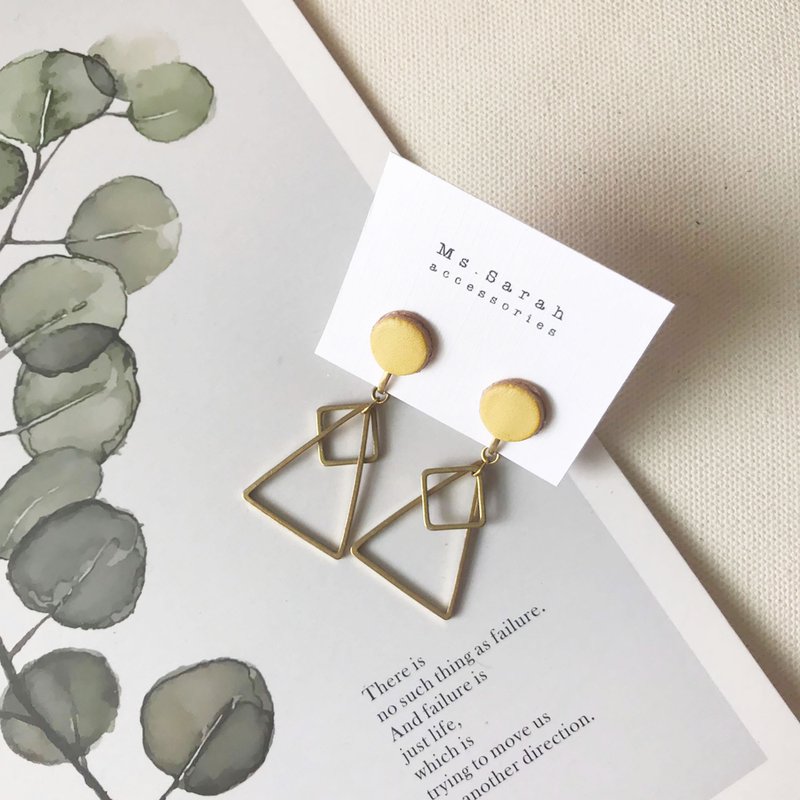 皮革耳环_小圆几何_暖黄菱三角 - 耳环/耳夹 - 真皮 黄色