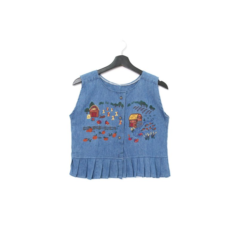 Back to Green-丹宁刺绣背心 深蓝 木屋河川 dv-09//vintage vest - 女装背心 - 棉．麻 