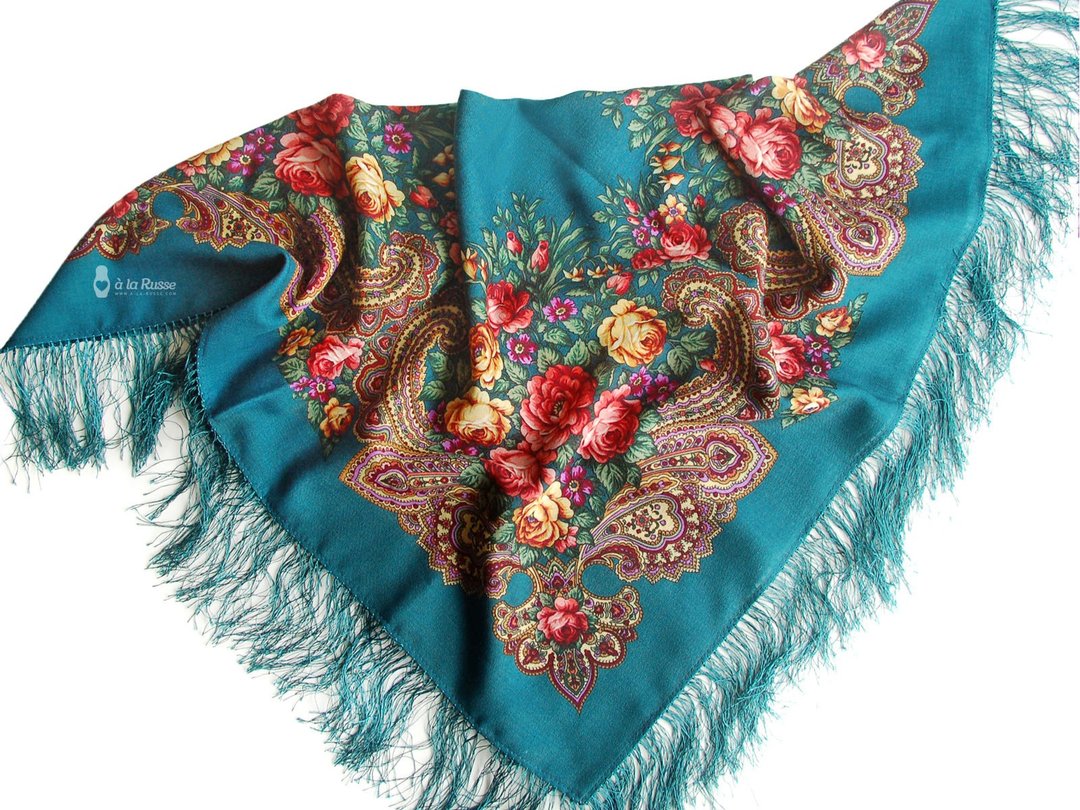 正品 Павлово Посад 俄罗斯披肩围巾 柔软 100% 羊毛 89x89 厘米 779-11 - 丝巾 - 羊毛 蓝色