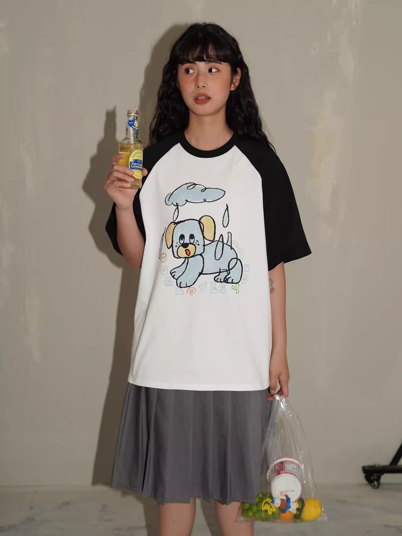 odd maker可爱淋雨小狗印花T恤短袖女黑白撞色宽松休闲短袖上衣 - 女装 T 恤 - 棉．麻 