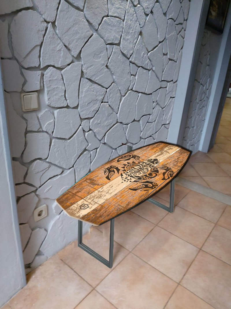 Surfboard shaped antique style wooden bench, Turtle, Surfing gift - 其他家具 - 木头 多色