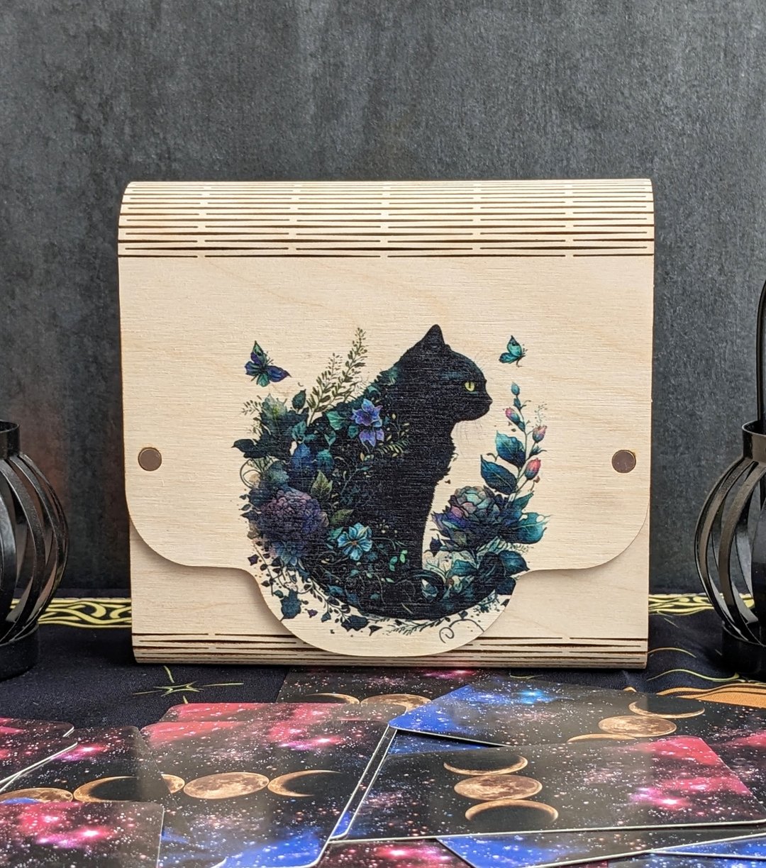 Mystic Black cat tarot box tarot card storage with magic watercolor art - 收纳用品 - 木头 