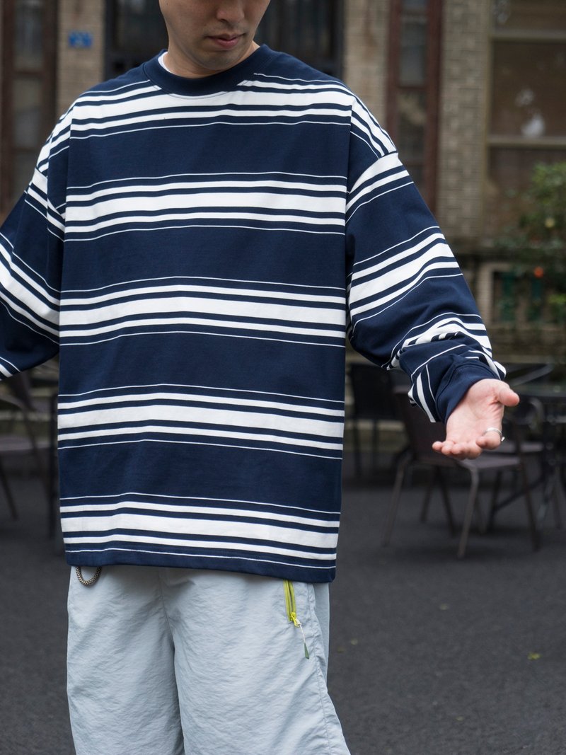 T-SHIRT 日系潮流290g重磅面料寬鬆 藏青條紋圓領長袖T恤落肩設計 - 男装上衣/T 恤 - 棉．麻 蓝色