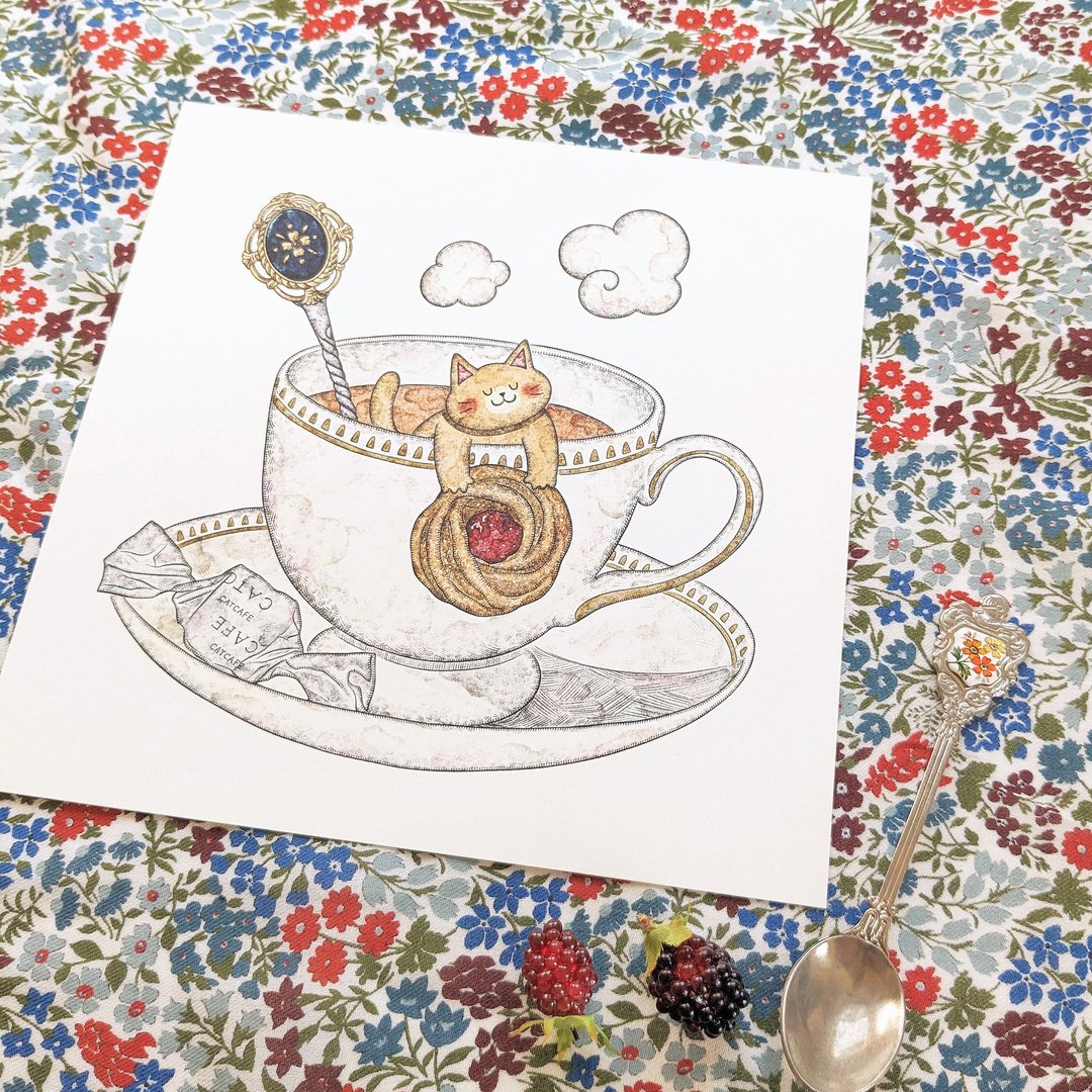 200mm × 200mm  Cat, Tea, and Jam Cookies Art print - 海报/装饰画/版画 - 纸 