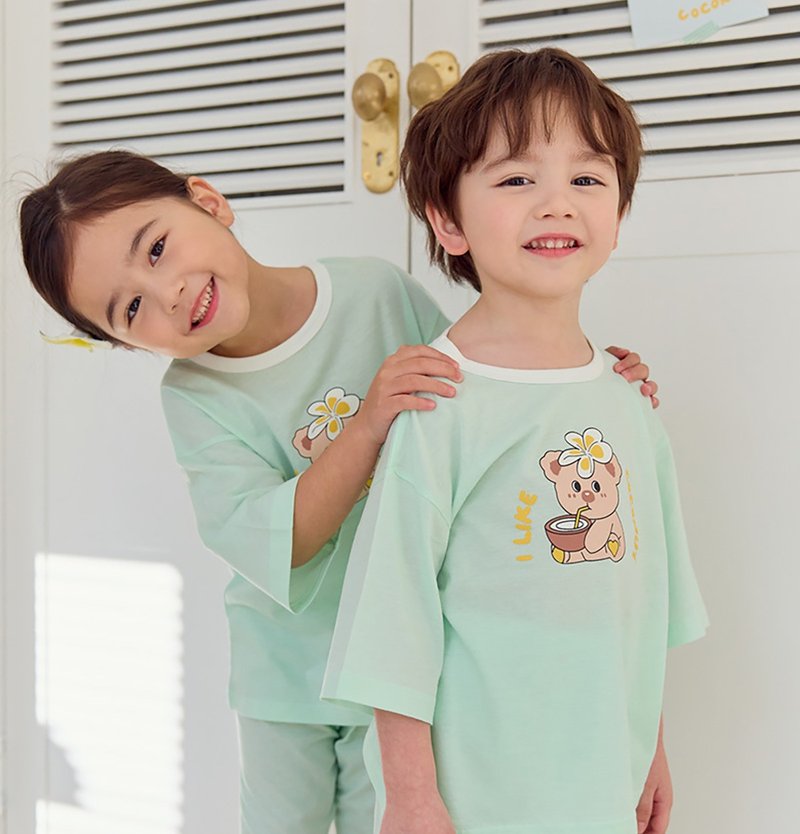 【新品】熊熊热带饮料-【宽松】植纤衣七分童装-K63907 - 童装上衣 - 棉．麻 绿色