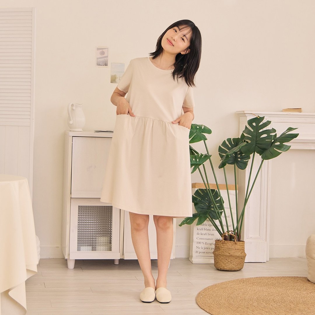 纯棉弧形剪接抽皱短版洋装-共2色 - 居家服/睡衣 - 棉 多色