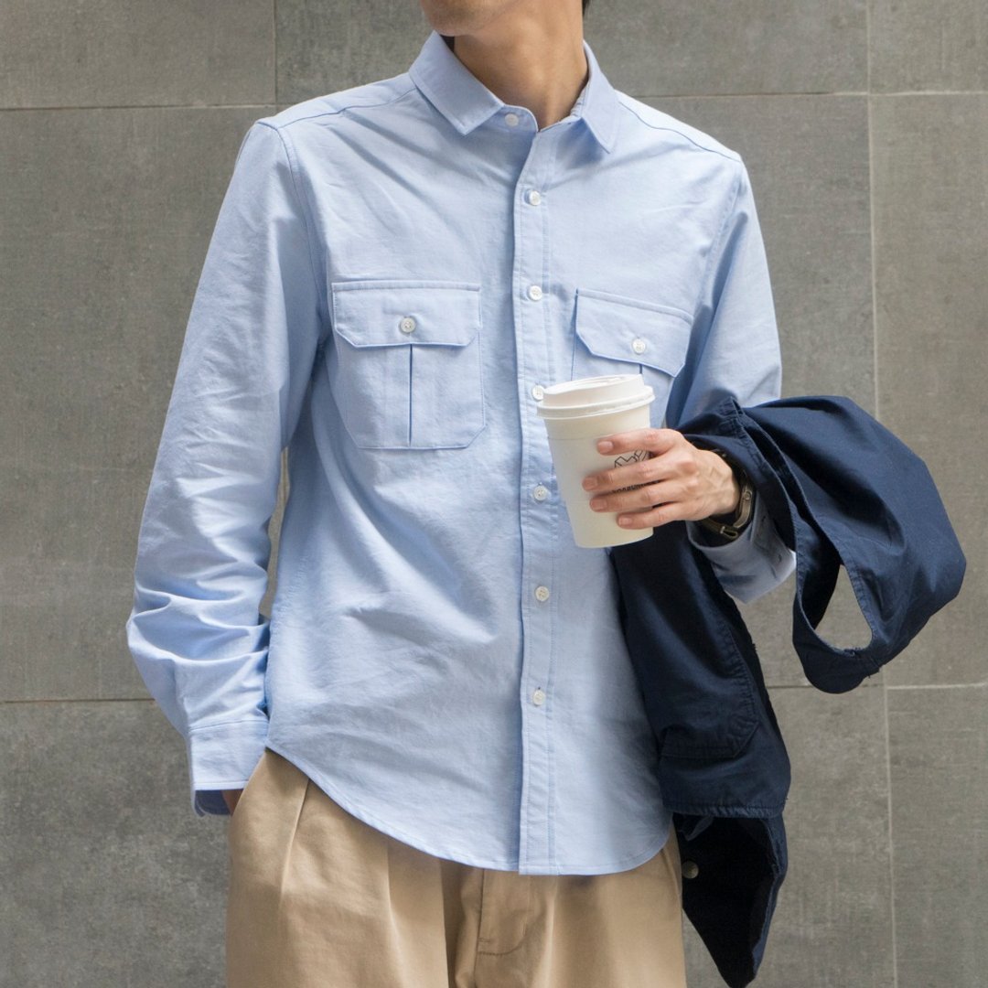 初春新品 日系搭配 牛津纺面料 多口袋工装日常衬衫男 shirts - 男装衬衫 - 棉．麻 蓝色