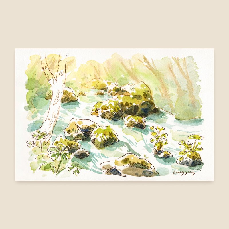 日本青森溪谷 水彩旅行明信片单张 - 卡片/明信片 - 纸 
