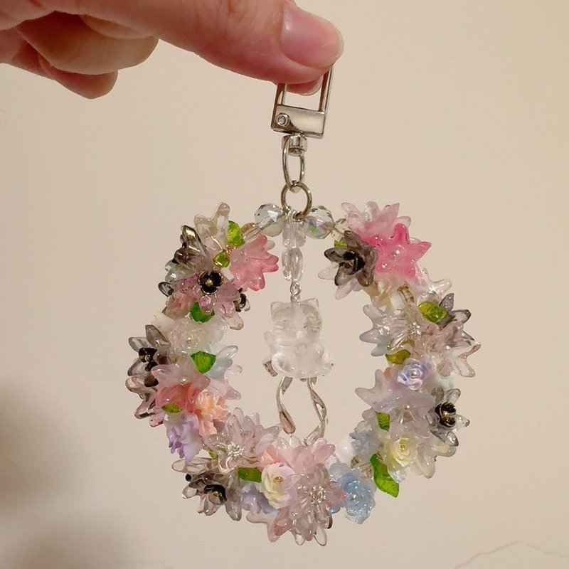 白水晶招财猫琉璃花圈钥匙圈 - 钥匙链/钥匙包 - 琉璃 透明