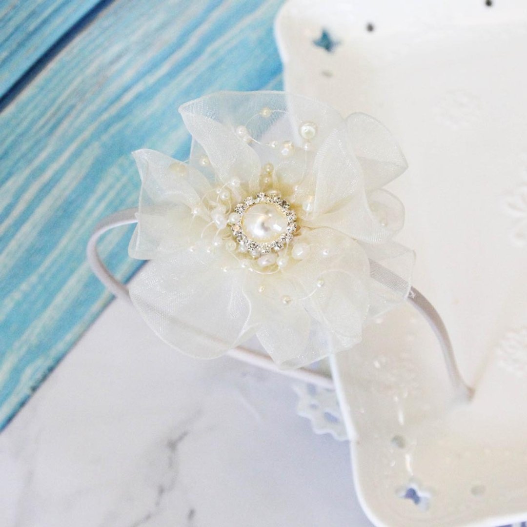梦幻米白纱小花童发箍 - 婴儿帽/发带 - 棉 白色