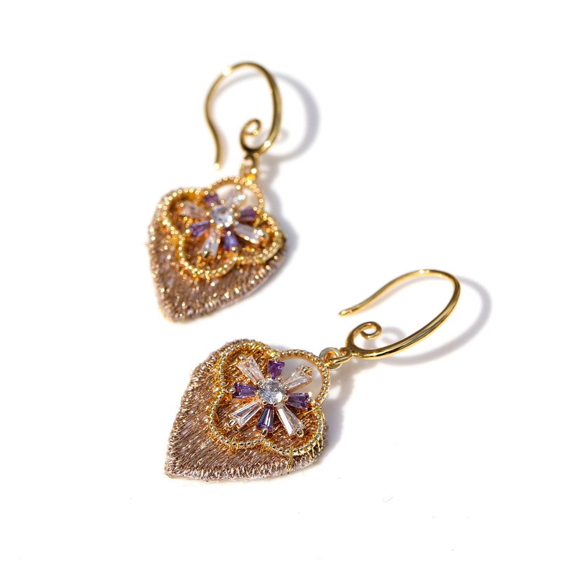 心心相印 淡紫色宫廷风  耳环 - 耳环/耳夹 - 绣线 金色