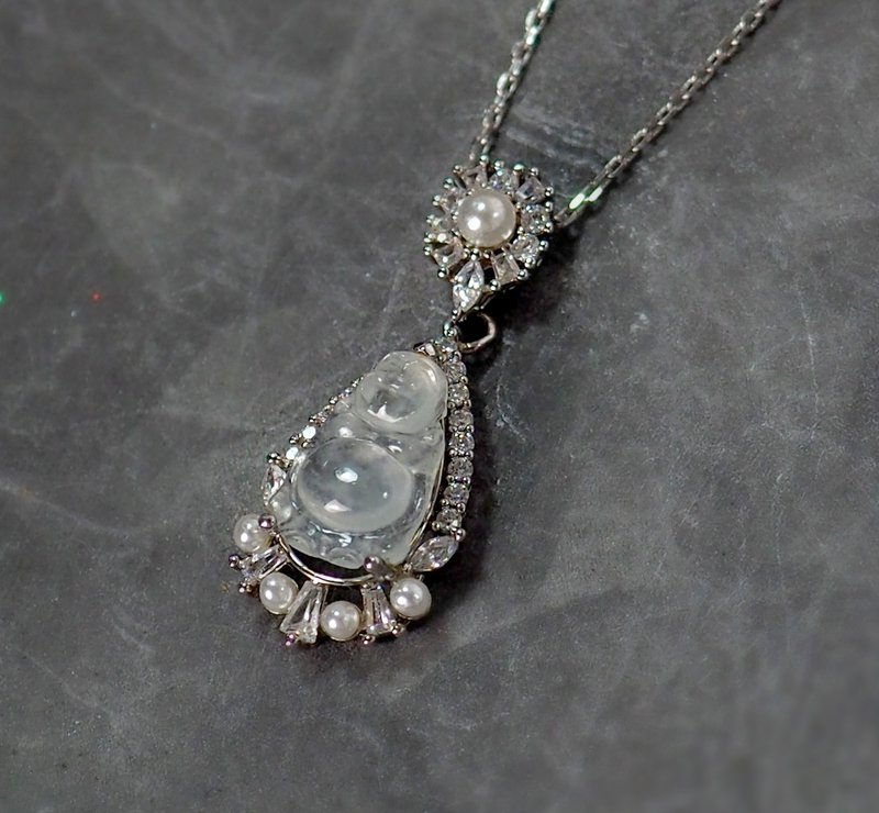 天然宝石款||冰种翡翠弥勒佛|| 925银 镶钻 翡翠 坠子 - 项链 - 玉石 白色