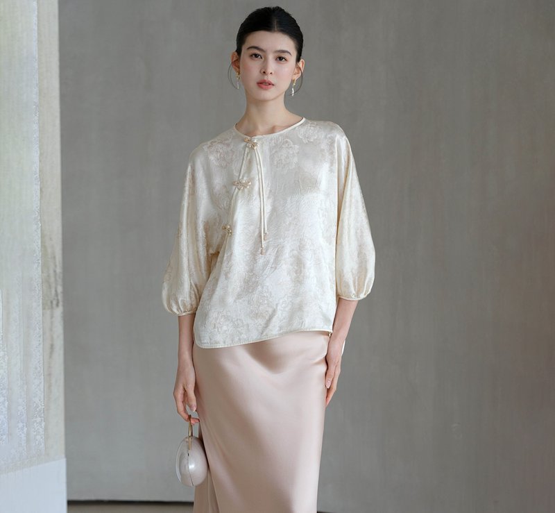 【100醋酸】新中式复古中国风 牡丹印花/灯笼袖上衣/半裙 - 女装上衣 - 其他材质 白色