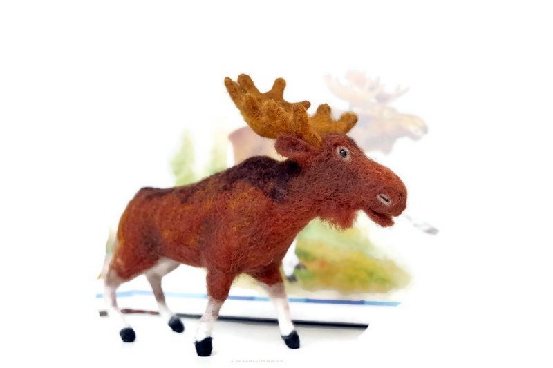 Elk, collectible miniature. Mini moose wool toy. - 玩偶/公仔 - 羊毛 咖啡色