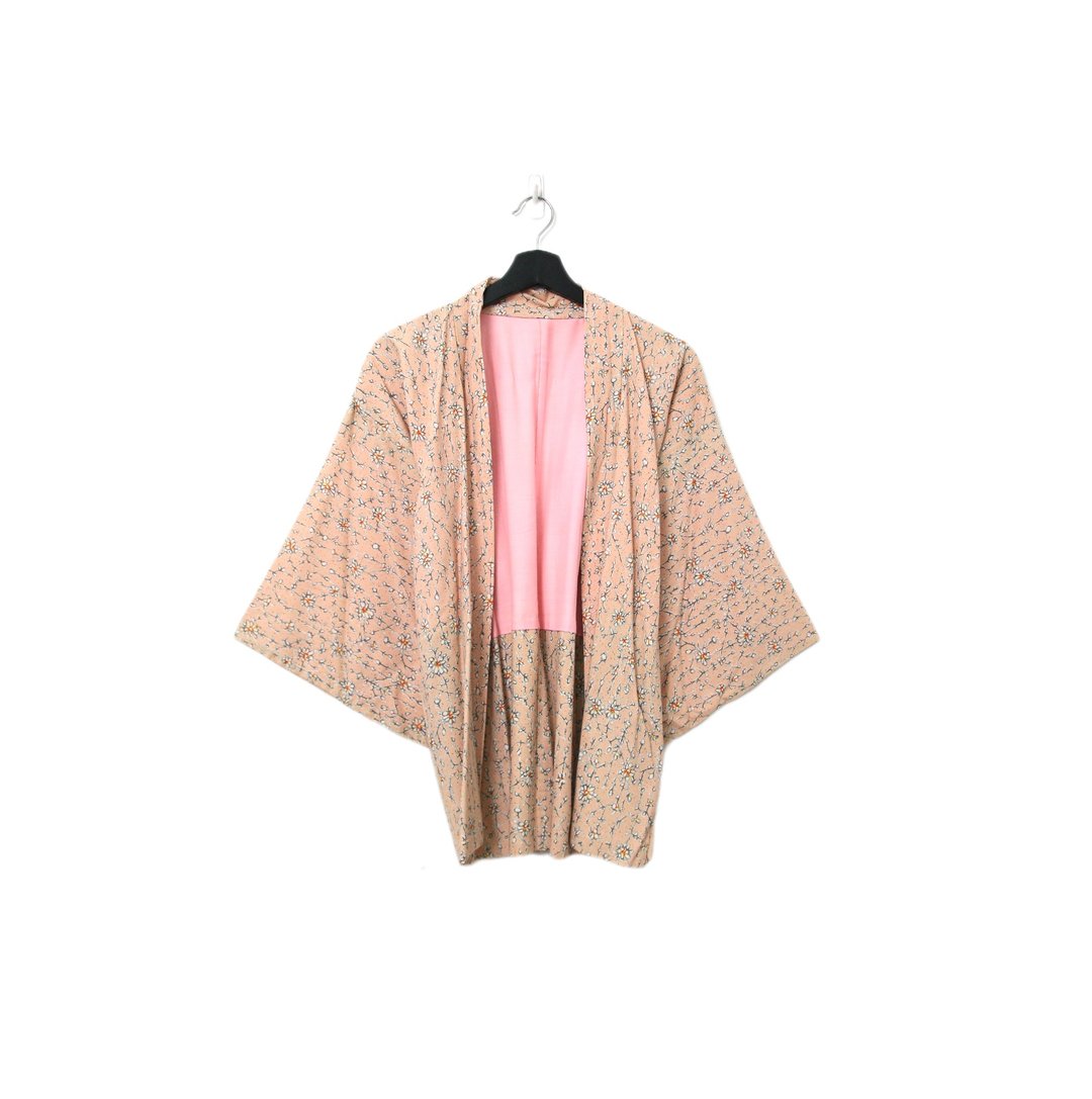 Back to Green-日本带回羽织 浅粉 花 kb-84/vintage kimono - 女装休闲/机能外套 - 丝．绢 
