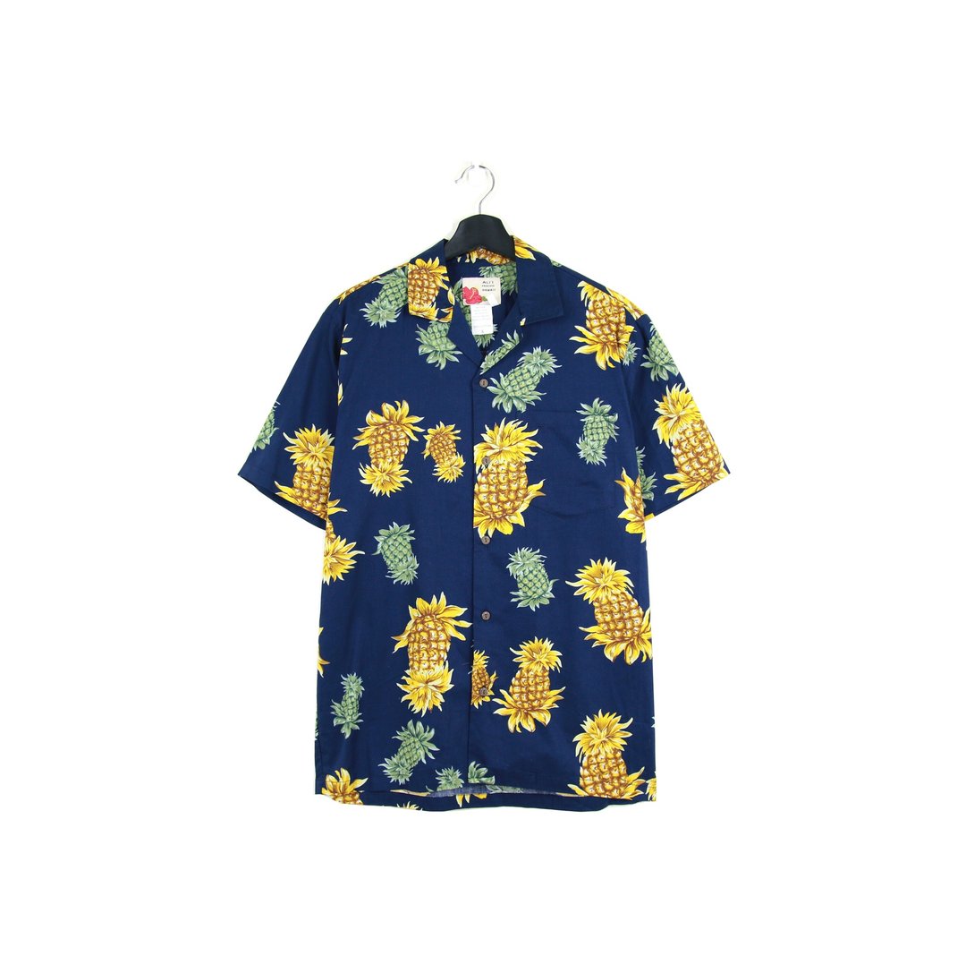 Back to Green:: 夜色蓝 满版凤梨 //男女皆可穿// vintage Hawaii Shirts (H-42) - 男装衬衫 - 聚酯纤维 