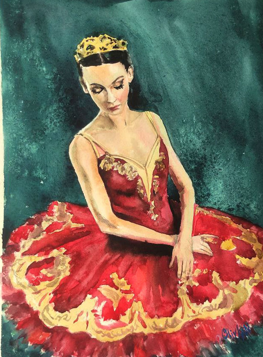 Ballerina Painting Watercolor Original Art Ballet Watercolor Dance Red Dress Art - 海报/装饰画/版画 - 纸 红色