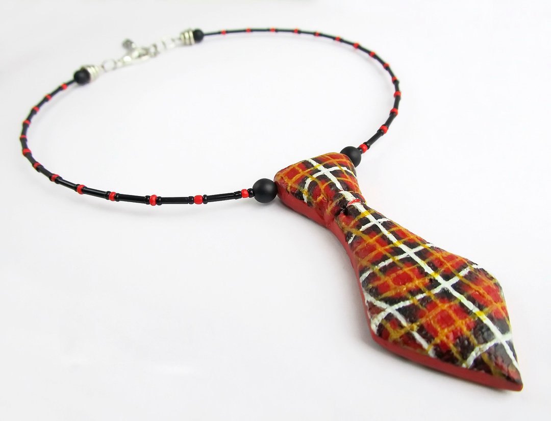 Pendant Tie patterned cage Tie plaid checkered Tie woman necktie Scottish cage - 项链 - 粘土 红色