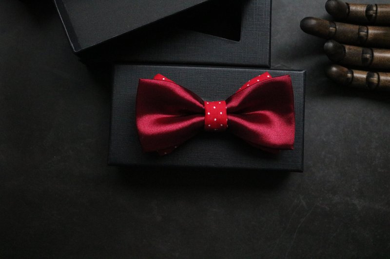 紅色真絲拼接波點領結婚慶宴會西服雙層蝴蝶結 - 领结/领巾 - 丝．绢 红色