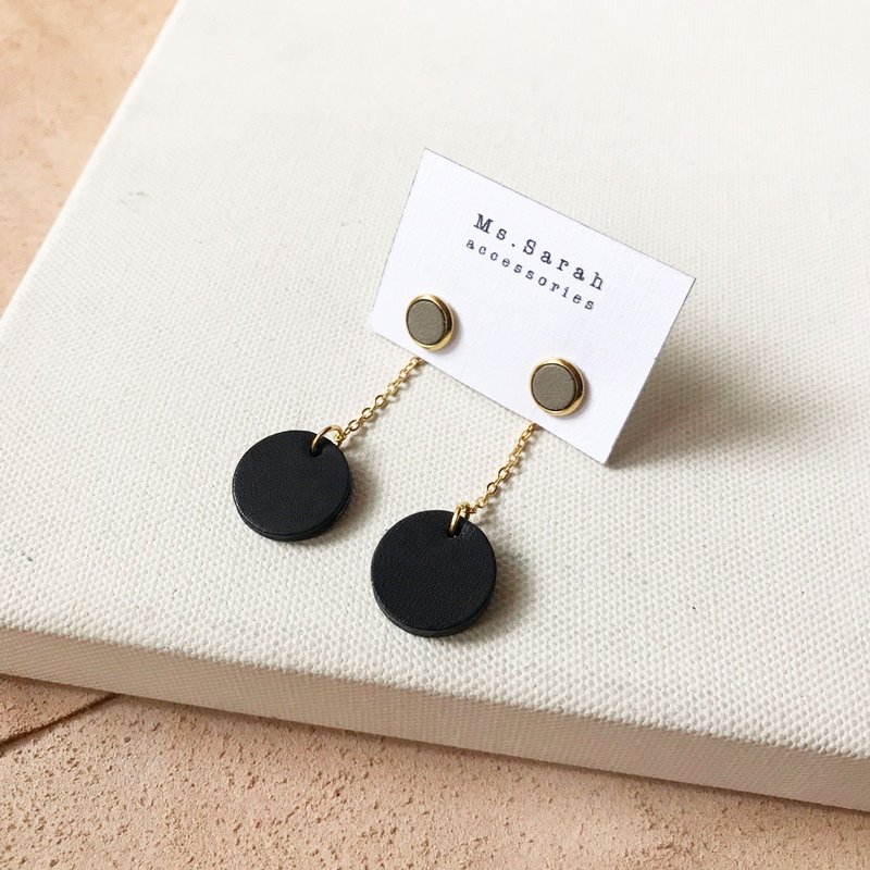 皮革耳环_垂坠小圆_灰白搭黑 - 耳环/耳夹 - 真皮 黑色