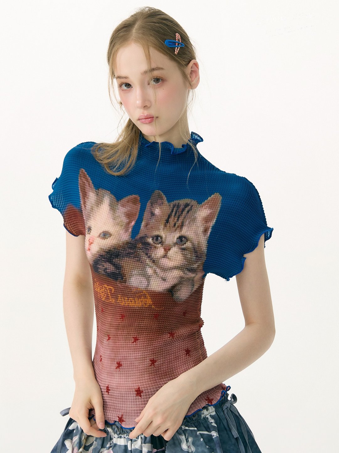 ziziFei''绯猫星星''夏季甜酷小高领撞色猫咪印花褶褶衣短袖t恤女 - 女装 T 恤 - 其他材质 蓝色